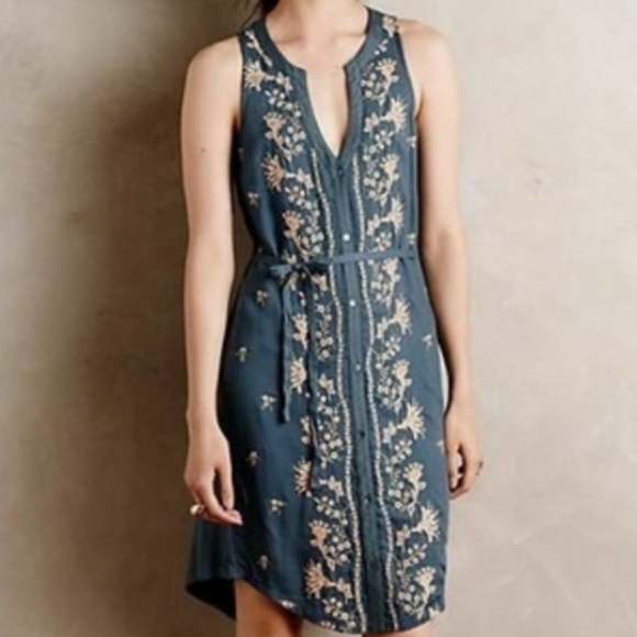 Anthropologie Dresses & Skirts - Anthropologie Blue Embroidered Shirt Dress
